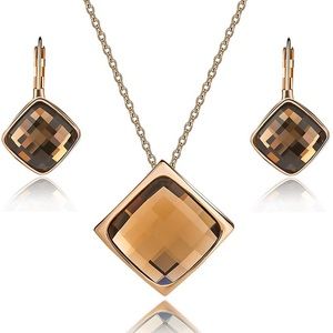 Brown Austrian Crystal Earrings Necklace Gift Set